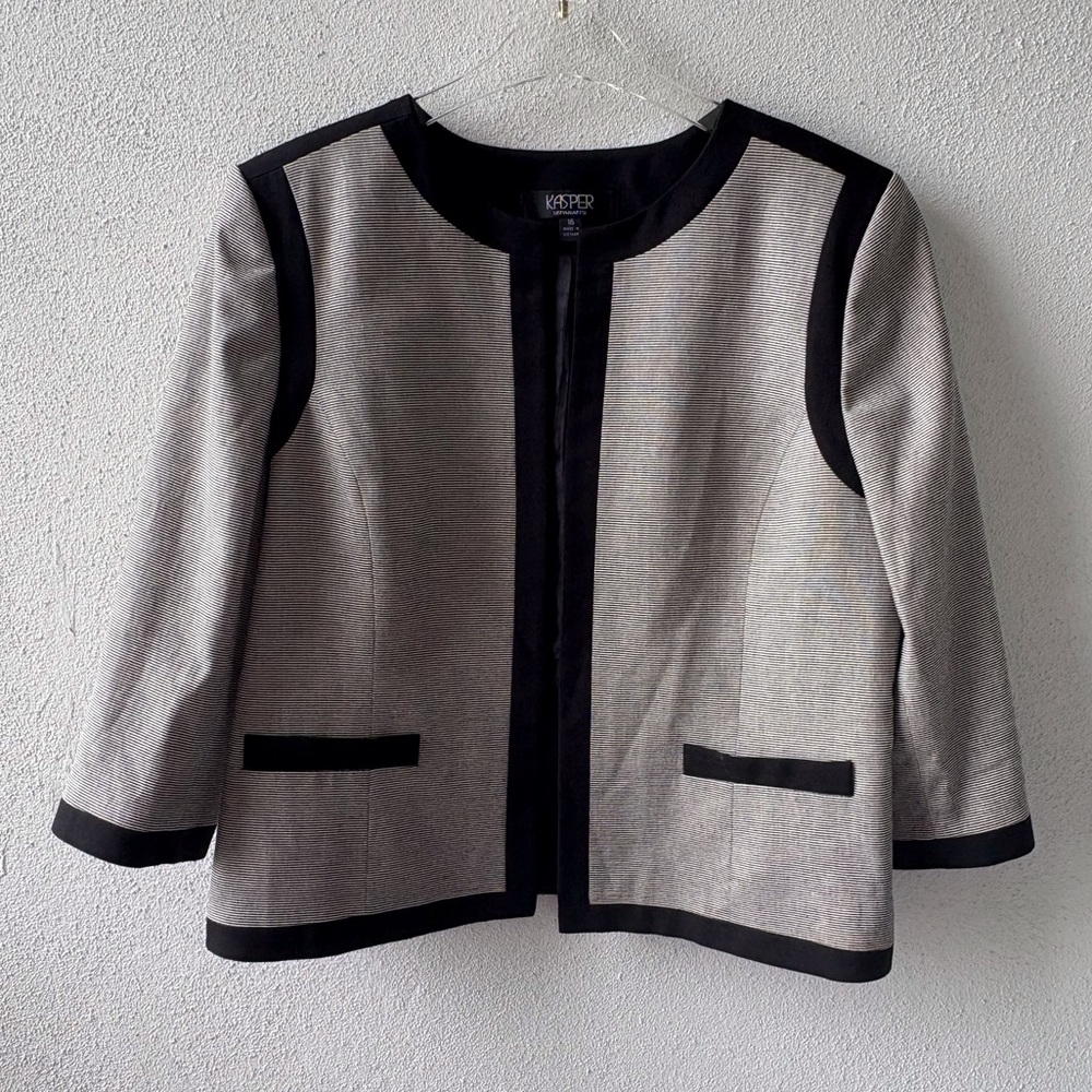 Kasper Size 16 Cotton Jacket Black White Office Career Church Classic Open Front